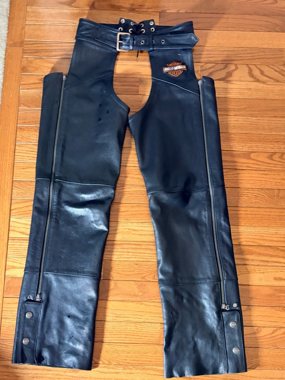 Harley-Davidson Black Leather Riding Chaps with Orange Logo